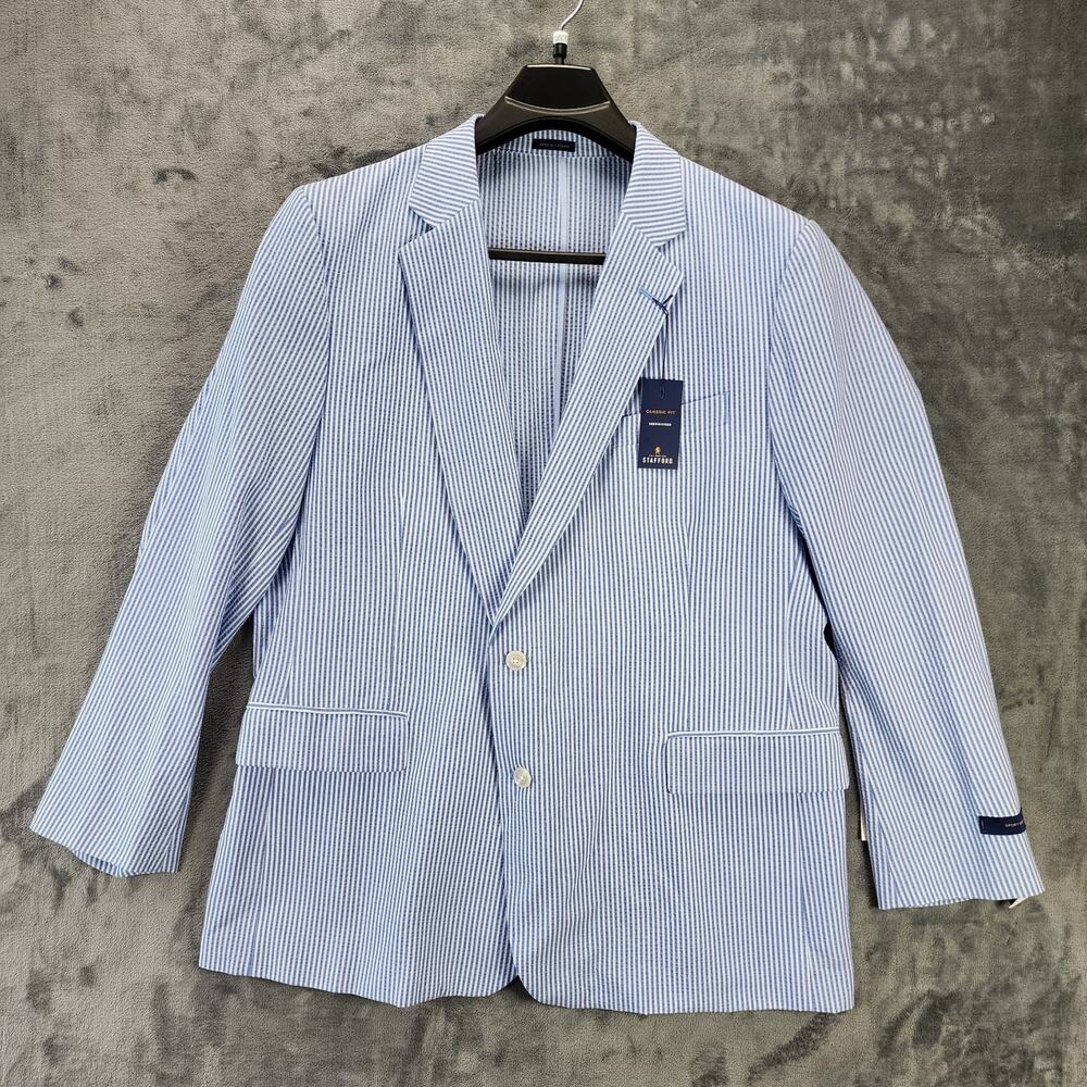 Stafford Sport Coat Mens 50R Blue White Striped Classic Fit Seersucker Blazer